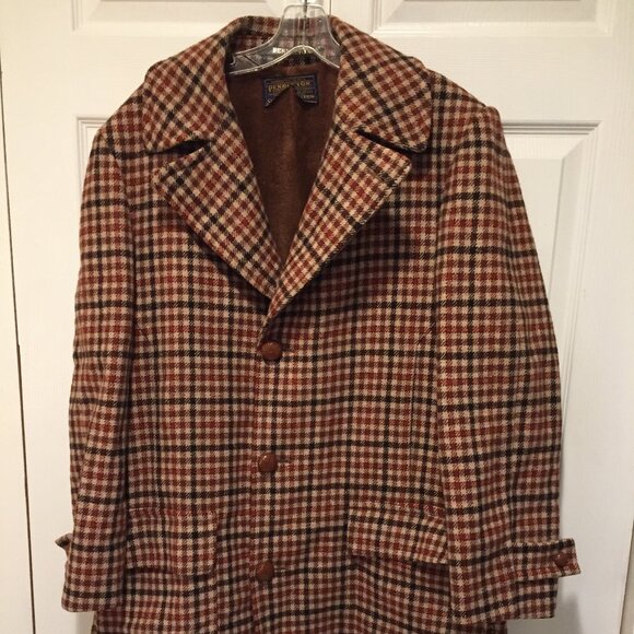 Vintage Sir Pendleton Coat Brown Plaid Mens M 44 Fur Lined Wool Long Heavy Jacke - Picture 1 of 11